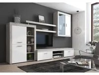 Parete attrezzata Carmona, Mobile porta TV moderno con Ante e ripiani, Set salotto completo con vetrinetta, Made in Italy, Cm 293x50h144, Bianco e Cemento