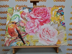 Quadro su tela – Uccellino vintage con fiori