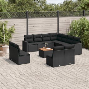 Set divani da giardino 12 pz con cuscini nero in polyrattan