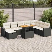 Set Divani da Giardino 9 pz con Cuscini Nero Polyrattan Acacia 3328015