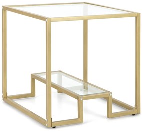 Costway Tavolino quadrato 56cm a 2 livelli con telaio in metallo piano in vetro temperato, Tavolino da soggiorno Oro