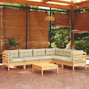 Set divani da giardino 7 pz con cuscini crema in massello di pino