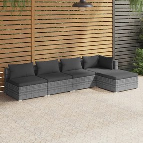 Set divani da giardino 5 pz con cuscini in polyrattan grigio