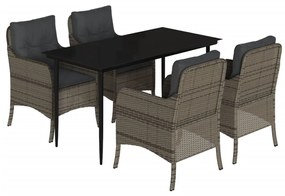 Set da pranzo da giardino 5 pz con cuscini in polyrattan grigio