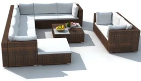 Set Divani da Giardino 10 pz con Cuscini in Polyrattan Marrone