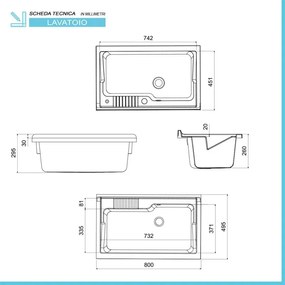 Mobile lavatoio 80x50 cm grigio calce vasca in resina e kit di scarico Moon