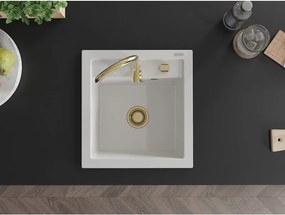 Mexen Vito lavello da cucina in granito 1-vasca 520 x 490 mm, bianco, sifone dorato - 6503521000-20-G