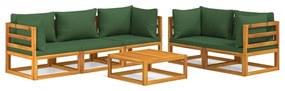 Set Salotto da Giardino 6pz con Cuscini Verdi in Legno Massello