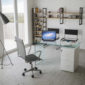 Scrivania B-Desk con cassettiera in vetro curvato L.125,5 P.65 H.74,5