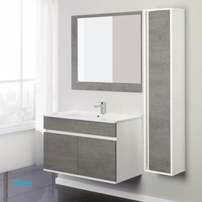 Mobile Bagno Sospeso "Fabula" Da 90 Cm Con Due Ante Lavabo E Specchio Finitura Cemento/Bianco