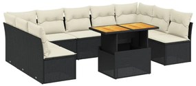 Set divani da giardino 10pz con cuscini in polyrattan nero