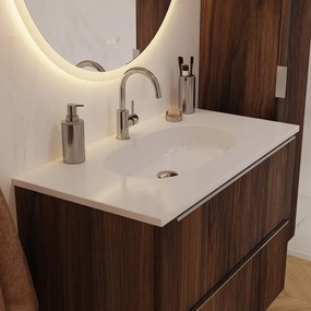 Mobile bagno sospeso Neo Groove L 91 x H 68 x P 49 cm, 2 cassetti con maniglia cromo, lavabo in resina con vasca centrale Icone incluso, noce cannettato