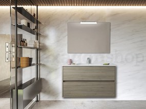 Mobile Bagno Rovere Scuro 100x45 Rigo Due Cassetti con Lavabo In Porcellana e Specchio Con Lampada Applique