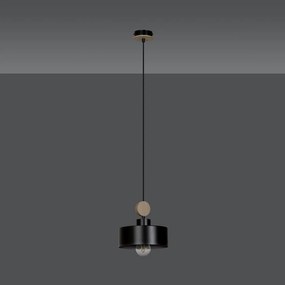 Sospensione 1 Luce Zhurong In Acciaio Nero E Legno Naturale