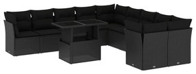 Set divani da giardino 11 pz con cuscini in polyrattan nero