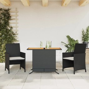 Set da bistrò 3 pz con cuscini nero in polyrattan