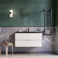 Mobile bagno sospeso 80cm bianco lavabo nero opaco specchio armony, selezione accessori senza specchio