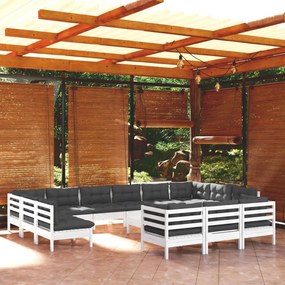 Set divani da giardino 14 pz con cuscini bianchi legno di pino