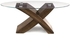 Tavolino piano in vetro ovale TITO con base color TEAK