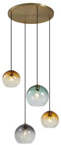 Lampada a sospensione bronzo con vetro fumé ambrato e verde rotonda a 4 luci - Bao