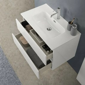 Mobile bagno sospeso 100 cm in legno bianco lucido 2 cassettoni con lavabo e specchio Leda