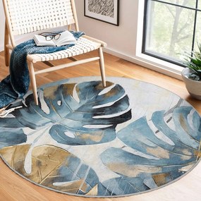 Tappeto rotondo blu lavabile ø 80 cm Golden Leaves – Mila Home