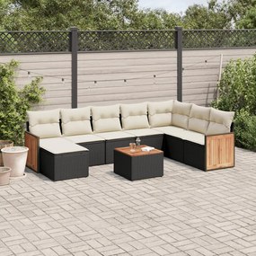 Set divani da giardino 9 pz con cuscini nero in polyrattan