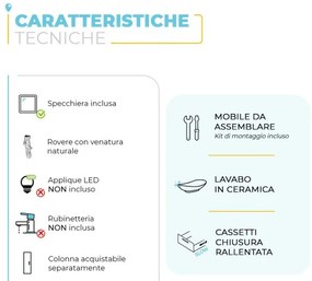 Mobiletto bagno a terra 80 cm 2 cassetti serie Oasi rovere con specchio e lavabo