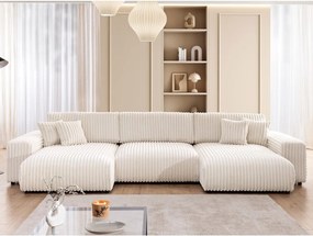 Divano angolare color crema allungabile/con contenitore (a U) rivestito in velluto a coste Sarina – Ropez