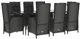 Set da pranzo da giardino 9 pz con cuscini nero in polyrattan