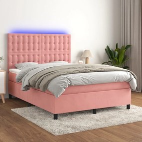 Letto A Molle Con Materasso E Led Rosa 140x190 Cm İn Velluto /
