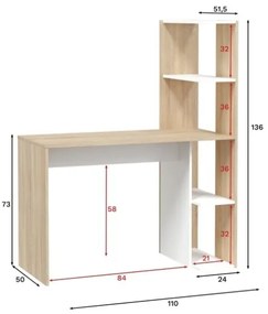 Scrivania Con Libreria A 4 Ripiani 110 Cm Reversibile Bianco e Rovere Effetto Legno WS Double