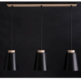 Lampadario 3 Luci Bolero Con Paralumi A Cono In Acciaio Nero E Legno Naturale