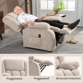 Poltrona Alzapersona Massaggiante e Reclinabile 93x104x105 cm con Telecomando in Tessuto Effetto Velluto Beige...