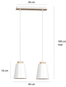 Lampadario 2 Luci Lancillotto Con Paralumi A Cono In Acciaio Bianco E Legno Naturale