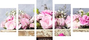 Quadri 5 pezzi – Fiori di garofano in cassetta di legno