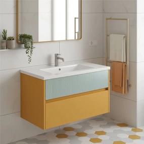 Mobile da bagno sospeso sotto lavabo Niwa 2 cassetti L 89.5 x H 50 x P 45.5 cm senape e verde timo cannettato