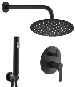 Set doccia a incasso completo nero opaco con braccio 35cm, soffione 30cm, miscelatore e kit doccino Flat