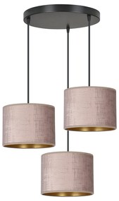 Lampadario Tondo 3 Luci Ganesha In Acciaio Nero E Paralumi In Tessuto Rosa