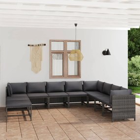 Set divani da giardino 11 pz con cuscini in polyrattan grigio