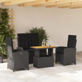 Set da pranzo da giardino 4 pz con cuscini nero in polyrattan