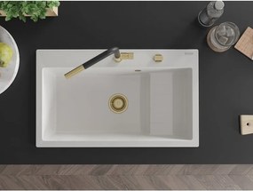Mexen Omar lavello in granito 1-vasca 800 x 480 mm, bianco, sifone dorato - 6520801005-20-G