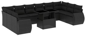 Set divani da giardino 11 pz con cuscini in polyrattan nero