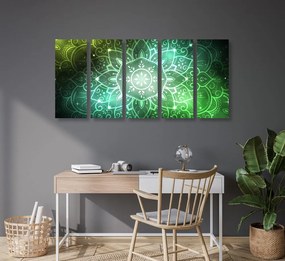 Quadri 5 pezzi – Mandala con sfondo galattico in tonalità di verde