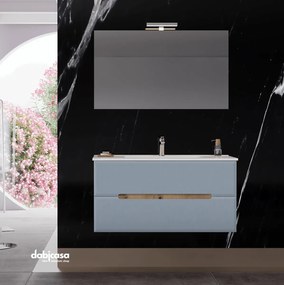 Mobile Bagno Sospeso "Iris" Da 100 Cm Composto Da Due Cassetti Lavabo E Specchio Con Lampada Led Finitura Blu Pastello Opaco/Rovere Fumo