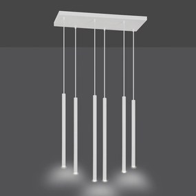 Lampadario 6 Luci Moderno Shu Acciaio Bianco E Paralumi A Cilindri Sottili