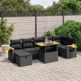 Set divani da giardino con cuscini 8 pz nero in polyrattan