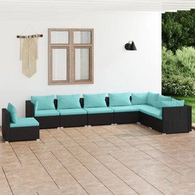 Set Divani da Giardino 8 pz con Cuscini in Polyrattan Nero