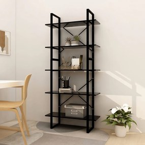 Libreria a 5 ripiani nera 80x30x175 cm in legno multistrato