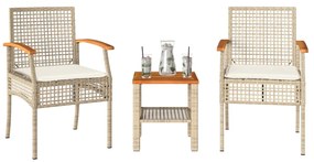 Set da bistrò 3 pz con cuscini beige polyrattan e legno acacia